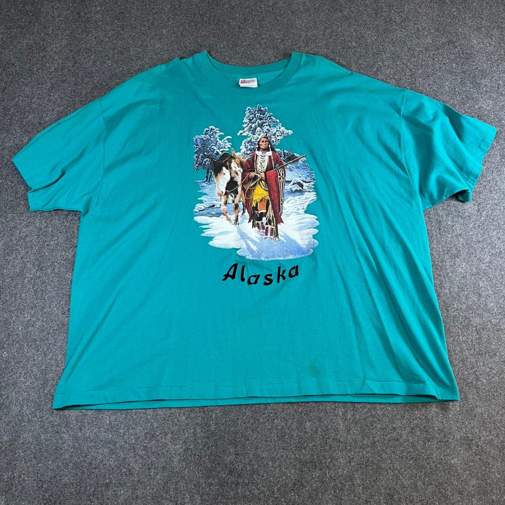 Vintage Hanes Alaska Native American Graphic T-Shirt Teal Green 3XL Made in USA‎